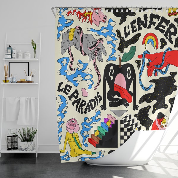 Unique shower curtain with original pattern by artist PONY, fabric waterproof and washable, abstract and colourful, cool house warming gift