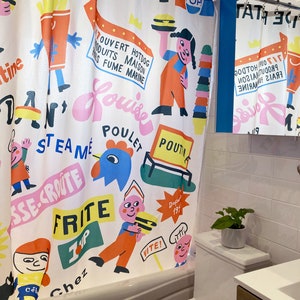 Shower curtain designed by canadian artist Vincent Toutou, with fun and colourful unique cartoon patterns, for Costume de bain in Montreal.