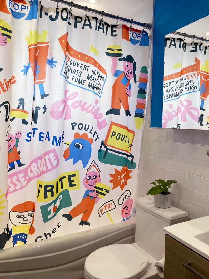 Shower curtain designed by canadian artist Vincent Toutou, with fun and colourful unique cartoon patterns, for Costume de bain in Montreal.