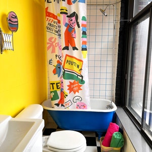 Shower curtain designed by canadian artist Vincent Toutou, with fun and colourful unique cartoon patterns, for Costume de bain in Montreal.