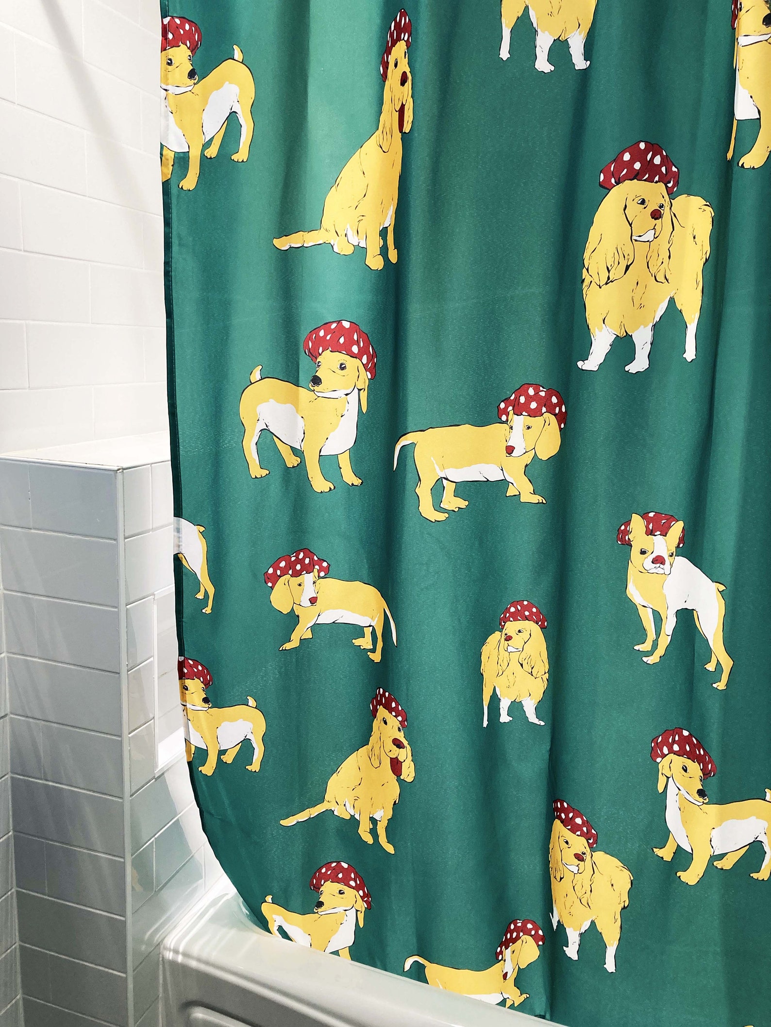 Green Shower Curtain With Dog Pattern Water Resistant and Etsy
