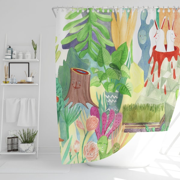 Rideau de douche motif tropical jungle et fleurs aquarelle originale par artiste canadienne, tissu imperméable et lavable, 71 x 71, cool