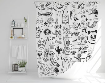Black and white handrawn shower curtain print for bathroom, unique doodle design by canadian artist, water resistant and washable fabric