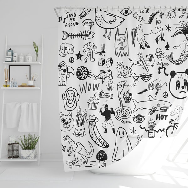 Black and white handrawn shower curtain print for bathroom, unique doodle design by canadian artist, water resistant and washable fabric