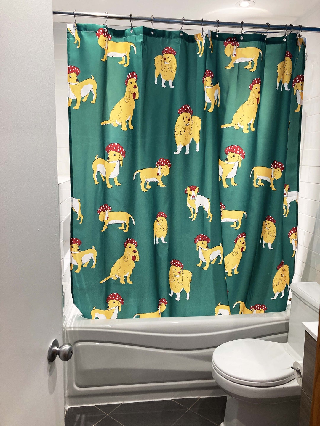Green Shower Curtain With Dog Pattern, Water Resistant and Washable