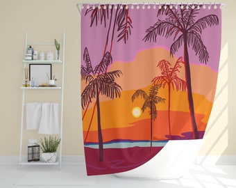 Sunset beach shower curtain with beach vibes, water resistant and washable, 71 x 71, cool house warming gift, good vibes artwork, design