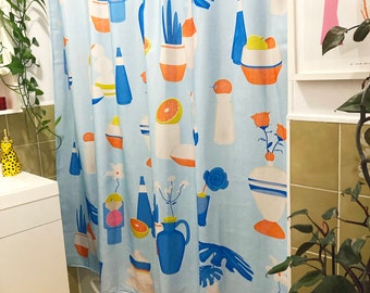 Citrus fruits & pottery blue boho high end shower curtain for bathrooms, water resistent and washable, 71 x 71, best mother's day gifting