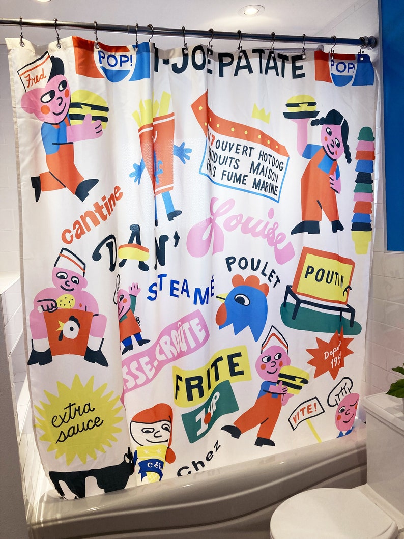 Shower curtain designed by canadian artist Vincent Toutou, with fun and colourful unique cartoon patterns, for Costume de bain in Montreal.