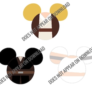 May include: Two pairs of Mickey Mouse ears with Star Wars characters. The first pair is yellow and features a brown and beige outfit. The second pair is black and features a black and brown outfit.