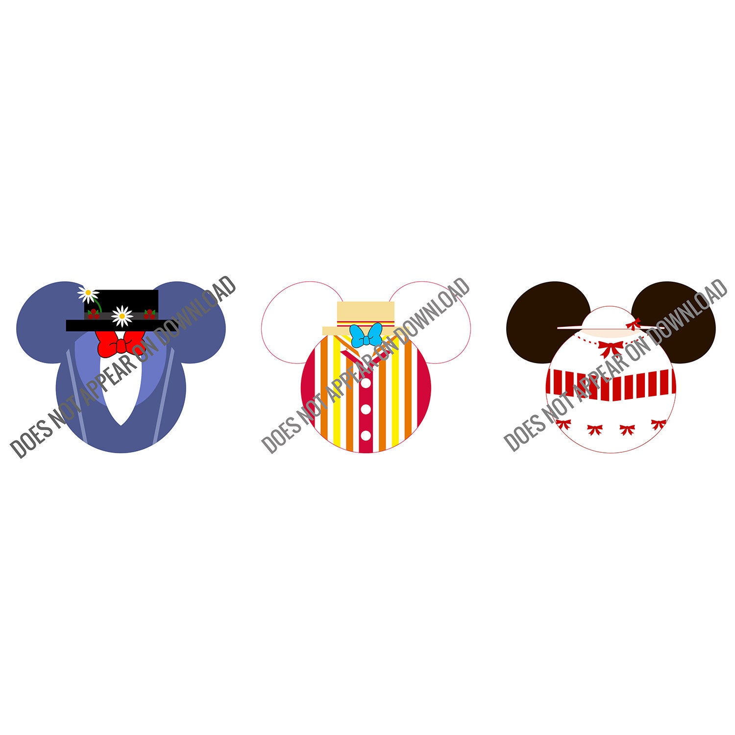 Mary Poppins characters decorated mouse ears silhouettes - for t-shirt printing