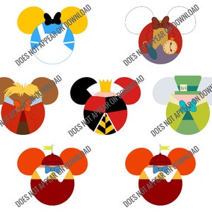 Alice in Wonderland characters decorated mouse ears silhouettes - for t-shirt printing