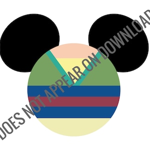 Può includere: Un'immagine stilizzata della testa di Topolino con un design verde, blu, giallo e rosso al centro.