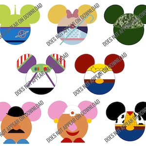Siluetas de orejas de ratón decoradas de Toy Story para imprimir en camisetas