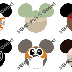 Puede incluir: Seis caras de personajes diferentes de la franquicia de Star Wars, cada una con orejas de Mickey Mouse. Los personajes son BB-8, Yoda, Kylo Ren, R2-D2 y Rey.