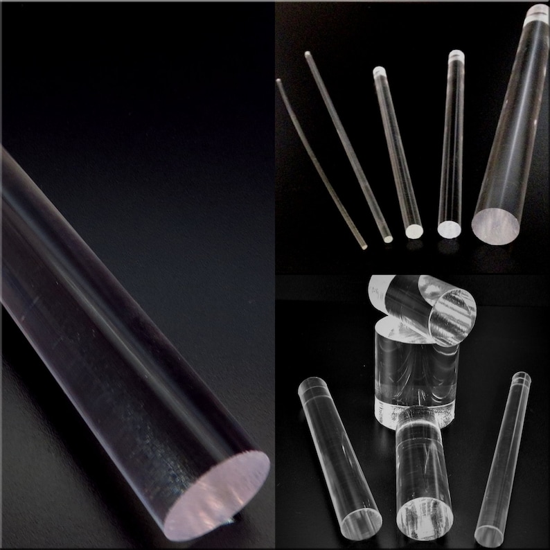 May include: A collection of clear acrylic rods of varying lengths and diameters. The rods are cylindrical with flat, polished ends. The image shows several rods arranged against a black background, highlighting their transparency and smooth surfaces.
