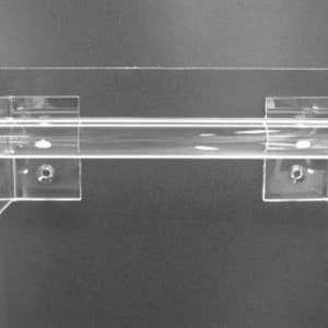 May include: A clear acrylic display rod with two clear mounting brackets. The rod is cylindrical and appears to be hollow. The brackets are rectangular with a right-angle support and screw holes for mounting. The background is a dark gray.