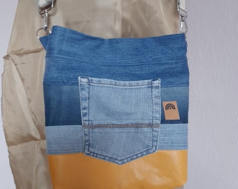 Bag shoulder bag faux leather yellow upcycling jeans blue