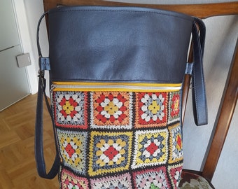 Shoulder bag imitation leather blue used jeans canvas crocheted flowers