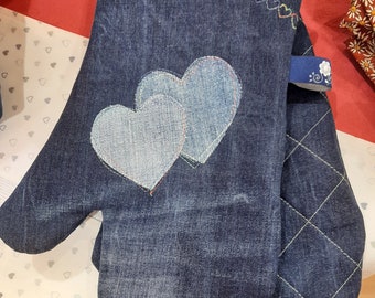 Paar Ofenhandschuhe Topflappen blau grün Jeans upcycling