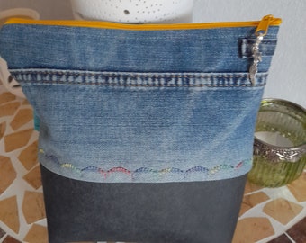 Trousse de toilette sac cosmétique jeans bleu gris simili cuir