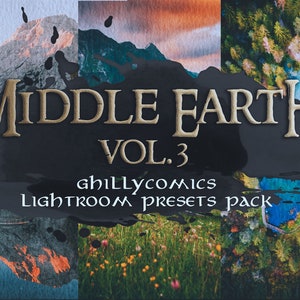 Può includere: Un collage di cinque immagini che mostrano un pacchetto di preset di Lightroom chiamato "Middle Earth Vol. 3" di "Chillycomics". Le immagini presentano vari paesaggi con montagne, foreste e laghi.