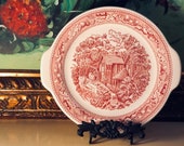 Vintage Red Transferware Country Farmhouse Plate, Cake Stand, Unique Tray, Unique Platter, Rustic, Grandmillennial, Photo Prop, Free Ship