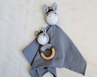 Babygeschenkset Schnuffeltuch und Greifling Esel grau blau