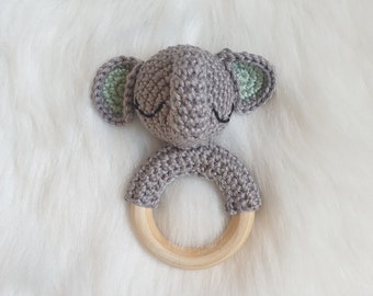 Crocheted grasping toy baby rattle elephant gray turquoise color choice