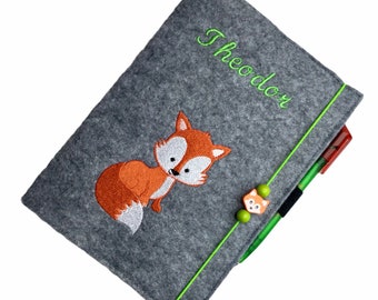 Besticktes Notizbuch,, Fuchs,,  aus Filz A5 personalisiert