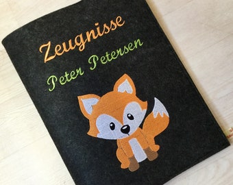 Zeugnismappe aus Filz mit Namen Fuchs, Einschulung