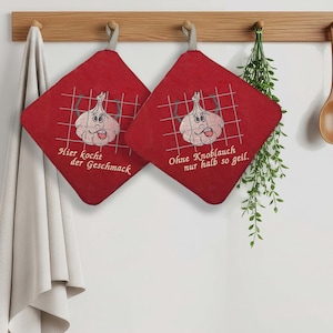 Agarradera de ajo ITH con 6 frases diferentes. Instrucciones de bordado y costura. 20 x 20 cm (incluye patrón) al usar marcos más pequeños.