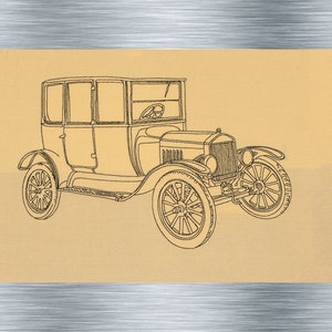 May include: A line drawing of a vintage car on a beige background. The car has a rounded body, four wheels, and a spare tire on the back.