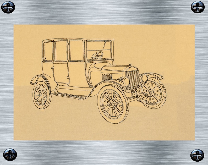 May include: A line drawing of a vintage car on a beige background. The car has a rounded body, four wheels, and a spare tire on the back.