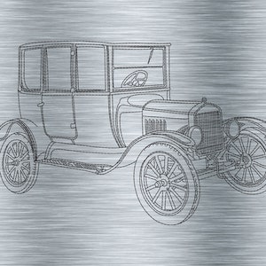 May include: A black and white line drawing of a vintage car on a brushed metal background. The car has a rounded body style with a large radiator grille and four wheels. The drawing is surrounded by four screws.