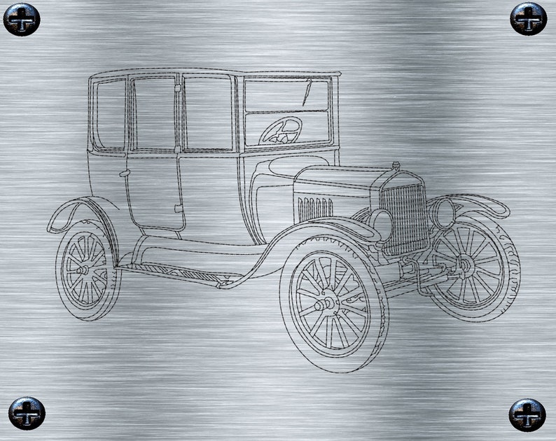 May include: A black and white line drawing of a vintage car on a brushed metal background. The car has a rounded body style with a large radiator grille and four wheels. The drawing is surrounded by four screws.