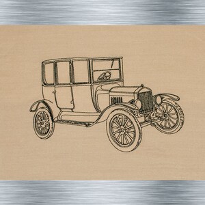 May include: A black and white line drawing of a vintage car, a Model T Ford, on a brown background.