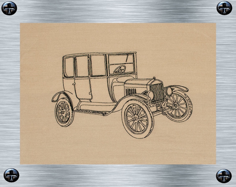 May include: A black and white line drawing of a vintage car, a Model T Ford, on a brown background.