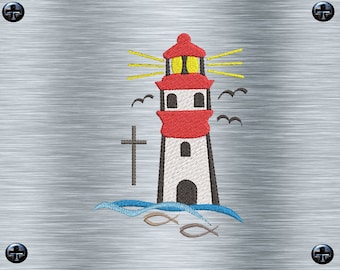 Embroidery file lighthouse with cross - 10 x 10 frames - church embroidery motifs, praise motifs of God, digital embroidery file, needle painting