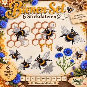 Op de afbeelding: Een digitale borduurontwerpset met zes bijen- en honingraatmotieven. De collectie bevat diverse hommelillustraties, zeshoekige honingraatpatronen en blauwe korenbloemen, met Duitse tekstlabels en iconen voor verschillende bestandsformaten.