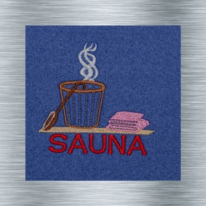 May include: Embroidered blue patch with a brown bucket, a pink towel, and the word "SAUNA" in red.