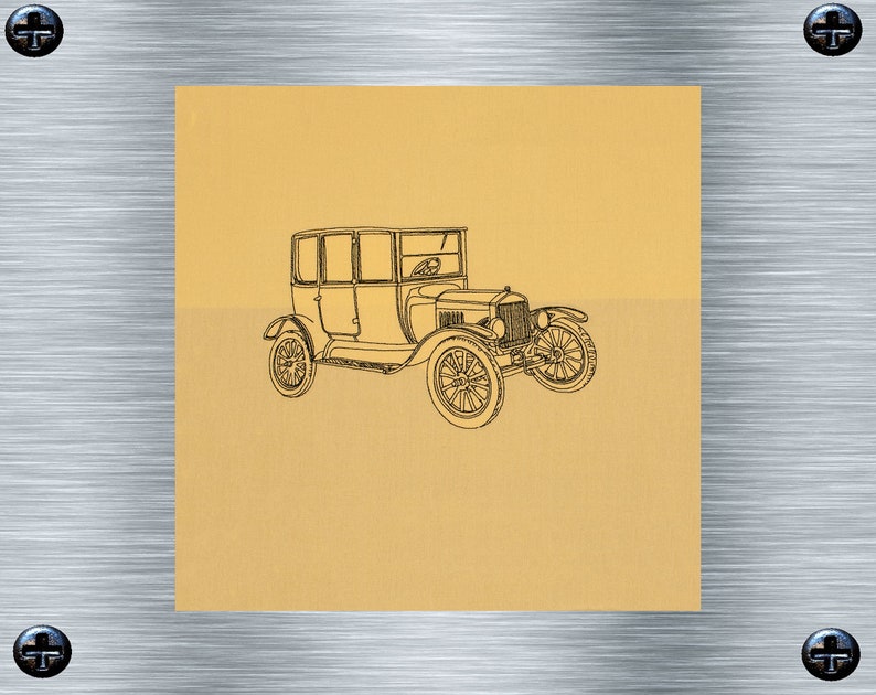 Könnte beinhalten: Eine Schwarzweiß-Zeichnung eines Oldtimers auf gelbem Hintergrund.