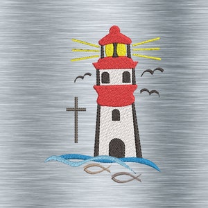 Embroidery file lighthouse with cross 10 x 13 frames church embroidery motifs, praise motifs, digital embroidery file, needle painting image 1