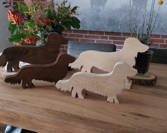 Long-haired dachshund, solid oak wood, natural or colored, two sizes