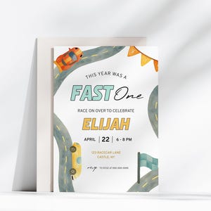 Convite de aniversário Fast One, convite de 1º aniversário editável com carro de corrida, modelo para impressão de primeiro aniversário, download instantâneo