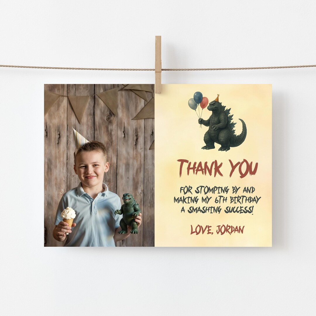 Godzilla Thank You Card Editable Monster Birthday Note Printable Photo ...