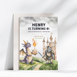 Faire-part d'anniversaire chevalier et dragon, fête d'aventure magique, modèle modifiable pour le 6e anniversaire, thème fantastique, téléchargement immédiat