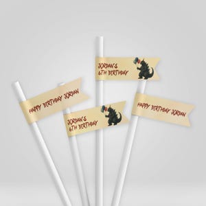 Puede incluir: Decoraciones para fiestas con pajitas blancas y banderines color beige. Las banderas tienen el texto "Happy Birthday Jordan" y "Jordan's 6th Birthday". Cada bandera tiene una ilustración de un dinosaurio negro sosteniendo globos.