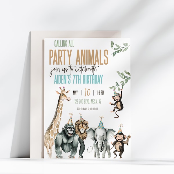 Party Tier Geburtstagseinladung Zoo Dschungel Safari Thema Tier Party einladen 7 Geburtstag druckbare Vorlage Sofort Download