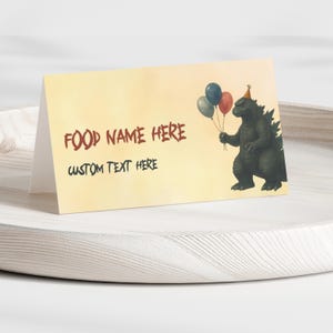 Biglietti modificabili per tende da cibo a tema Godzilla, etichette modificabili per feste a tema mostri, etichette stampabili per buffet, segnaposto stampabili, etichette per feste a tema mostri