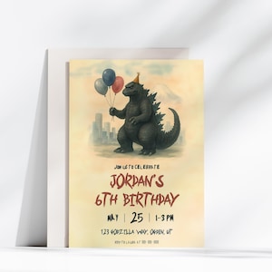 Godzilla verjaardagsuitnodiging, bewerkbare monsterfeestuitnodiging, 6e verjaardag digitale download, afdrukbare sjabloon King of Monsters